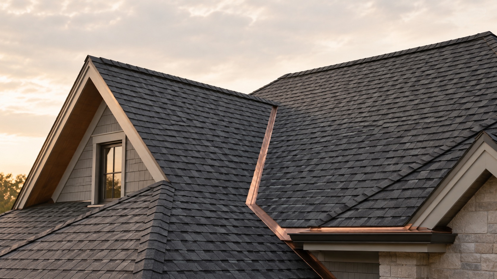Illustrative architectural study of shingle rooflines and copper flashing; not a Longacre project